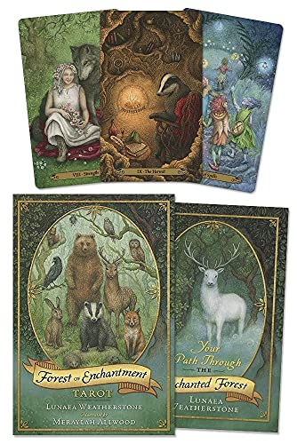 Tarot deck box with forest animals and illustrated card examples.