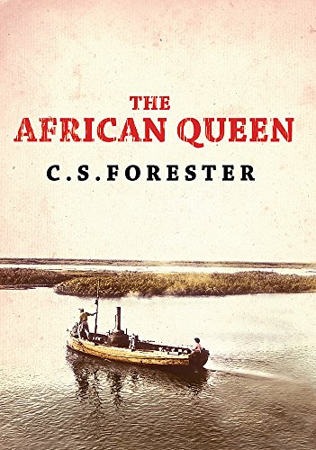 Book cover: "The African Queen" with a small boat on a river.