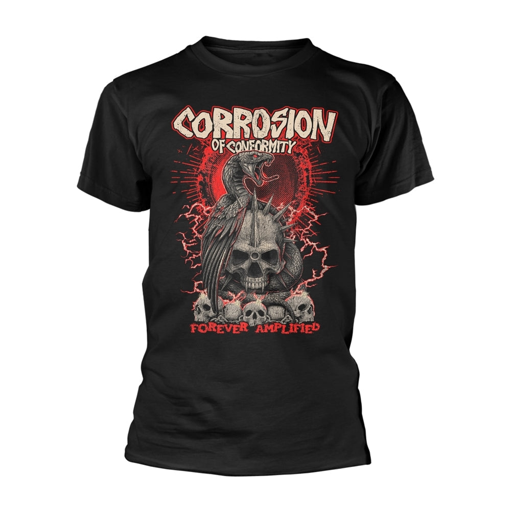 Black t-shirt with "Corrosion of Conformity" band logo and skull graphic.