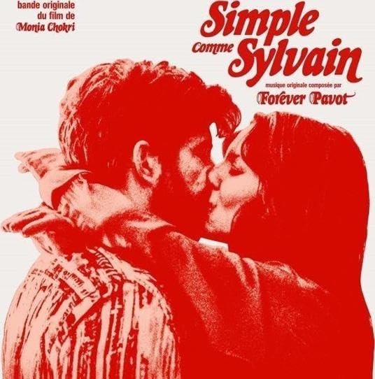 Red vinyl record cover featuring a couple embracing, titled “Simple Comme Sylvain.”