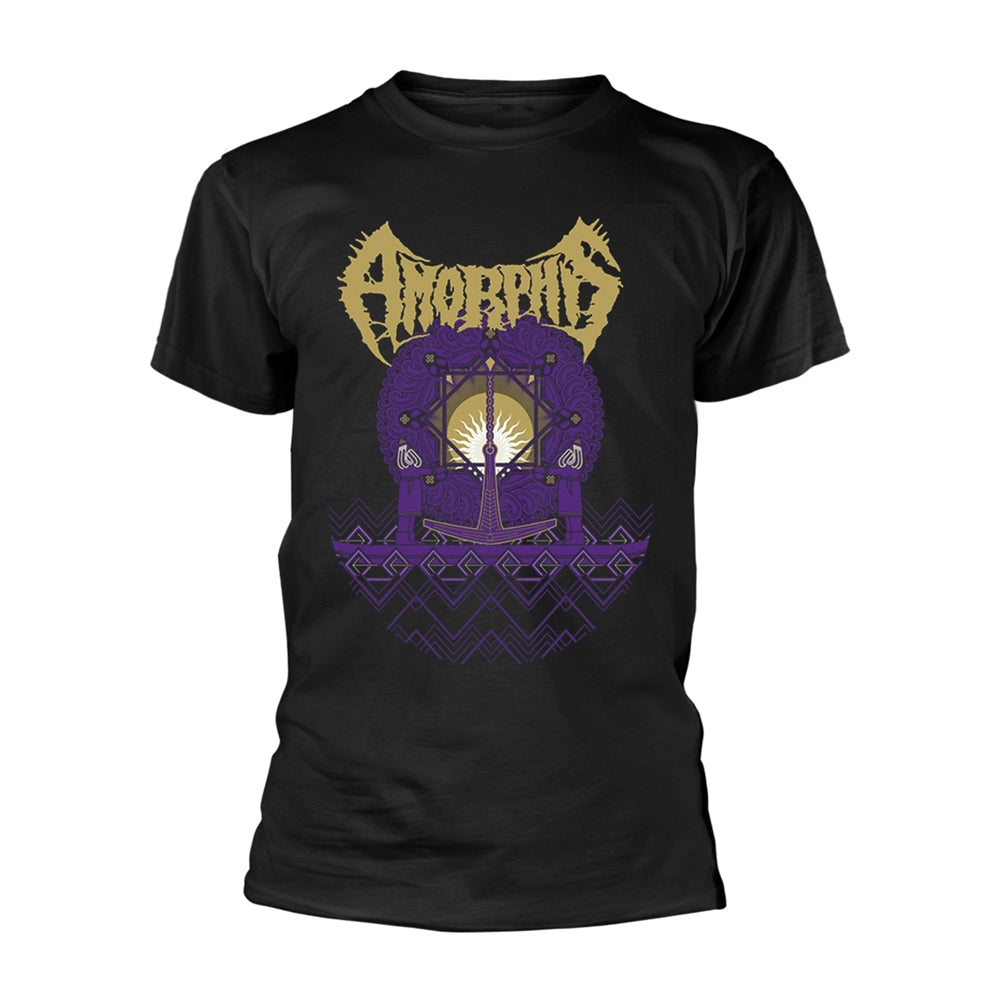Black t-shirt with a purple and gold ornate graphic design and band logo.