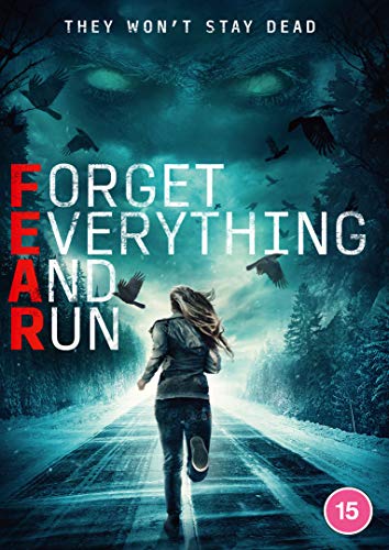 A woman runs down a snowy road under a dark sky with glowing eyes.