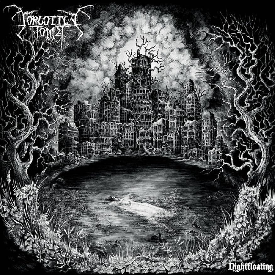 Black and white album cover depicting a haunted castle and dark water.