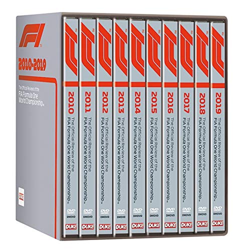 Formula One 2010-2019 DVD box set with ten spine-labeled discs.