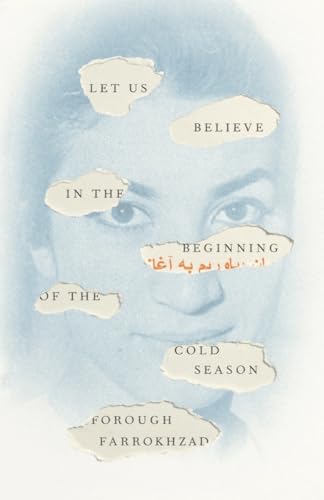 Faded blue portrait of Forough Farrokhzad with torn paper scraps displaying the book title.
