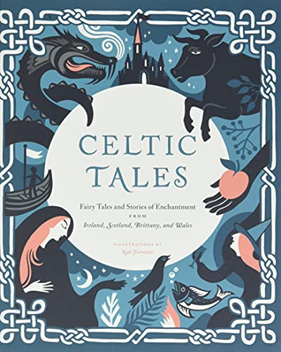 Book cover with Celtic knot border, dragon, castle, and mythical creatures.