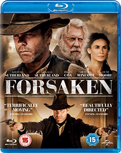 Blu-ray cover for the western film Forsaken featuring Kiefer Sutherland, Donald Sutherland, and Demi Moore.