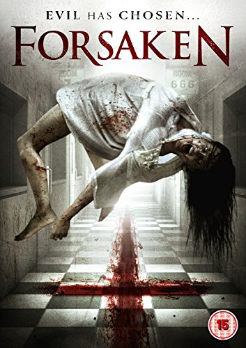 A bloodied woman in a hospital gown levitates in a hallway with a cross.