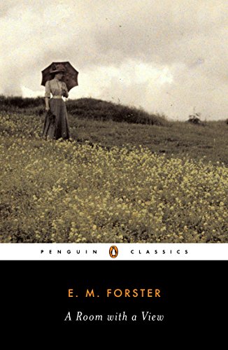 Book cover: woman with umbrella in a field, “A Room with a View.”