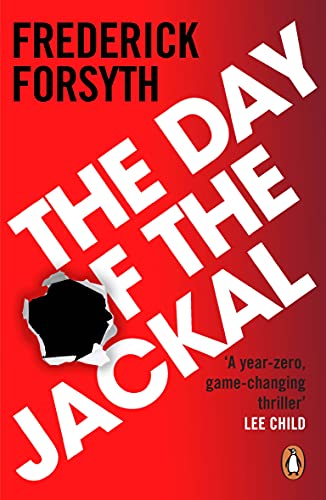 Red book cover with white text: “The Day of the Jackal” and a silhouetted rifle.