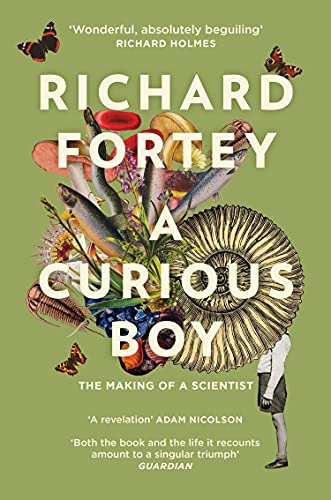 Book cover: "A Curious Boy" with illustrations of fish, insects, and plants.
