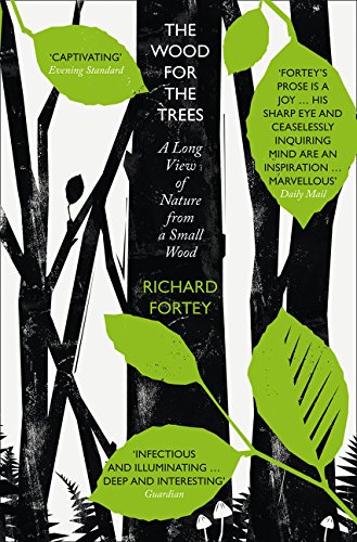 Book cover with dark tree trunks and bright green leaves.