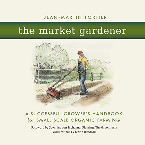 Book cover illustration of a gardener using a push tool in a field.