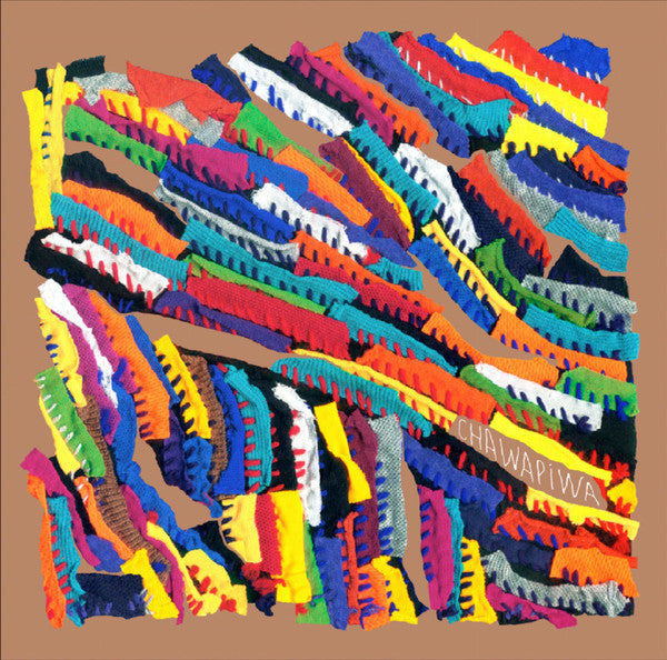 Colorful, abstract artwork of layered, jagged fabric strips with text.