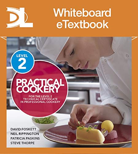 A chef in uniform plating a dessert on the Practical Cookery Level 2 textbook cover.