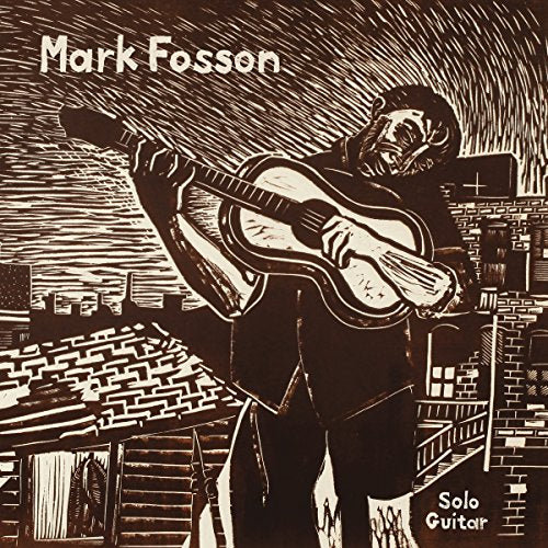 Woodcut-style album cover of a man playing an acoustic guitar in a city.