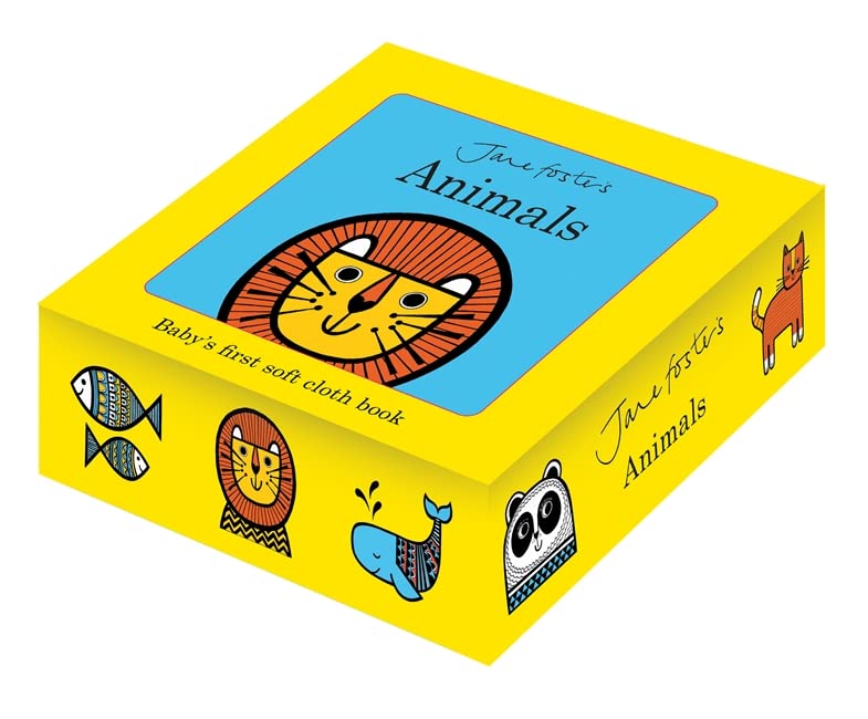Yellow box for Jane Foster's Animals cloth book featuring illustrations of a lion and animals.
