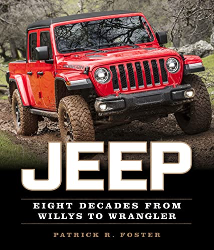 Red Jeep Wrangler book cover with title "Jeep: Eight Decades...