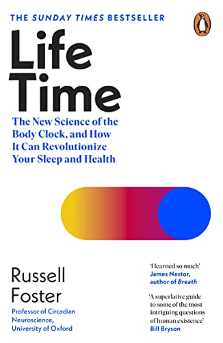 Book cover: "Life Time" by Russell Foster, with abstract red-yellow-blue design.