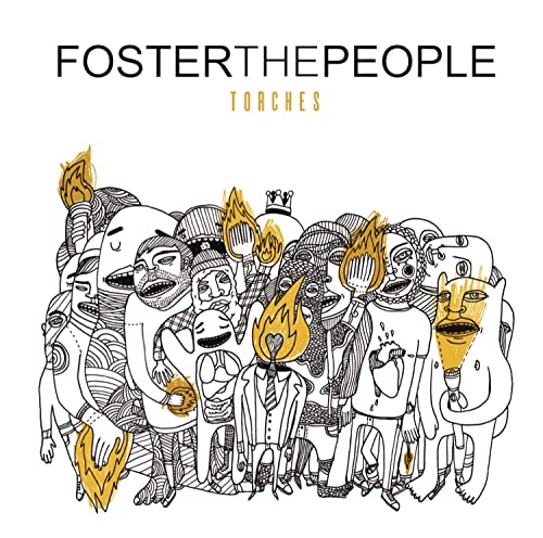 Album cover featuring a black and white line drawing of figures holding golden flames.