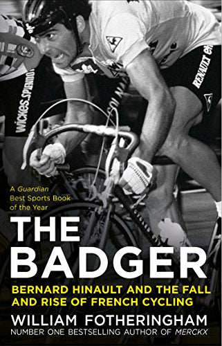 Book cover featuring cyclist Bernard Hinault in action, black and white.