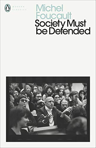 Book cover: "Society Must Be Defended" by Michel Foucault, with lecture hall photo.