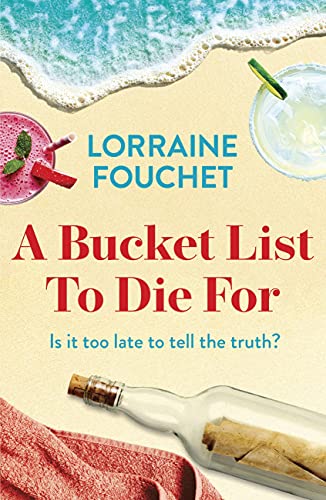 Book cover with beach scene, drink, and message in a bottle.