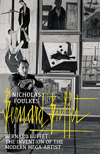 A man in a suit sits before a wall of his own paintings.