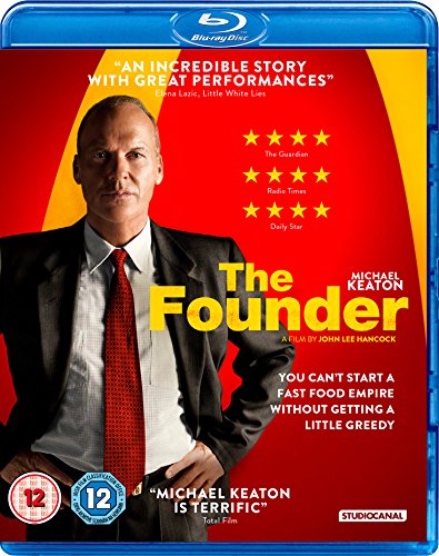 Blu-ray cover for The Founder featuring Michael Keaton in a suit and red tie.