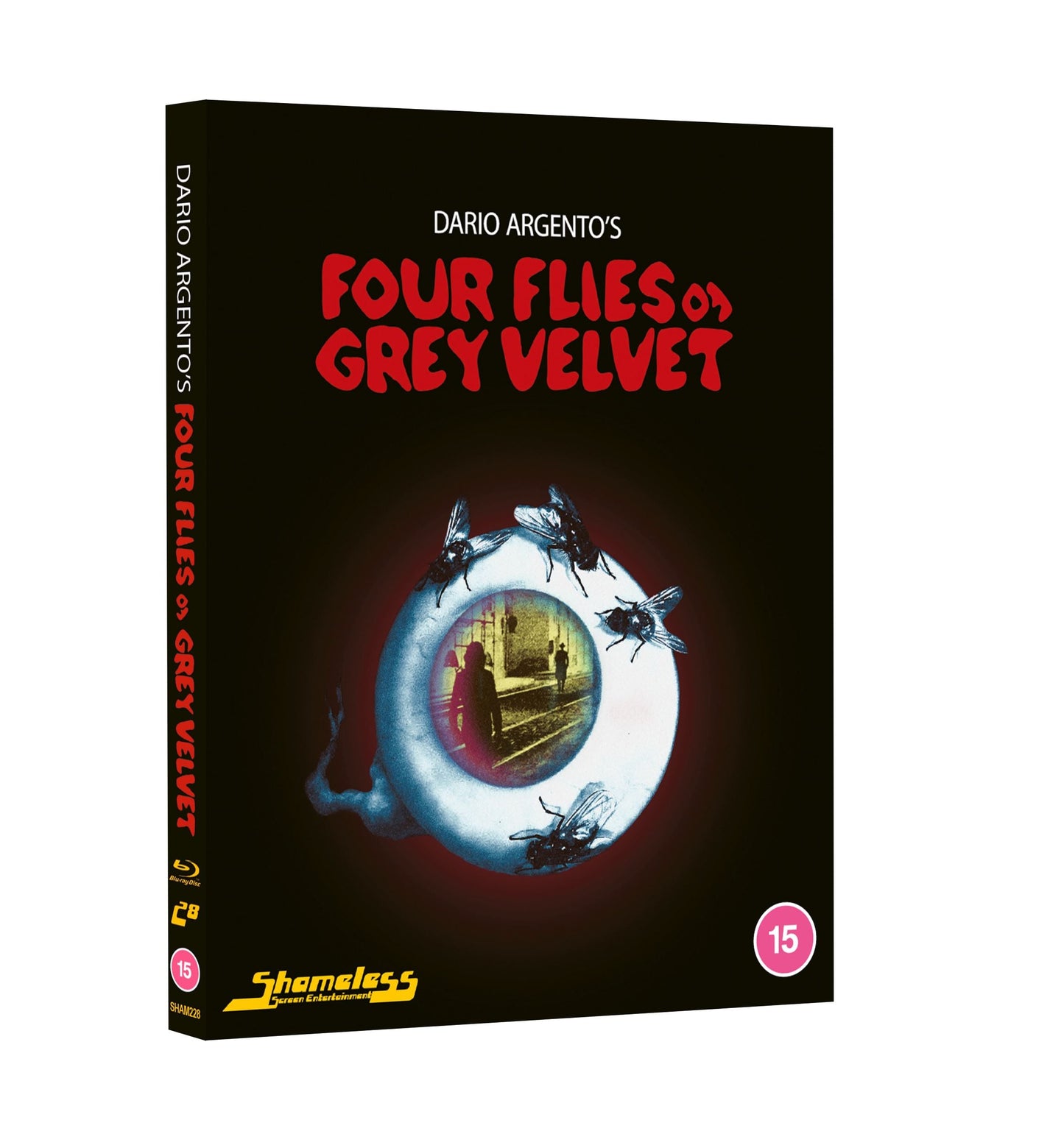 Blu-ray cover for Four Flies on Grey Velvet featuring a giant eyeball with flies.