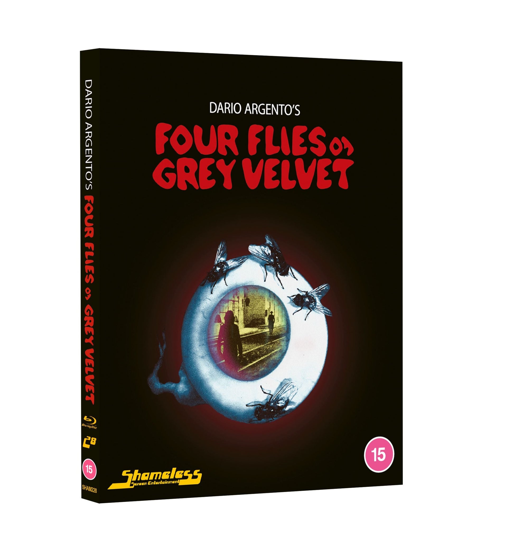 Blu-ray cover for Four Flies on Grey Velvet featuring a giant eyeball with flies.