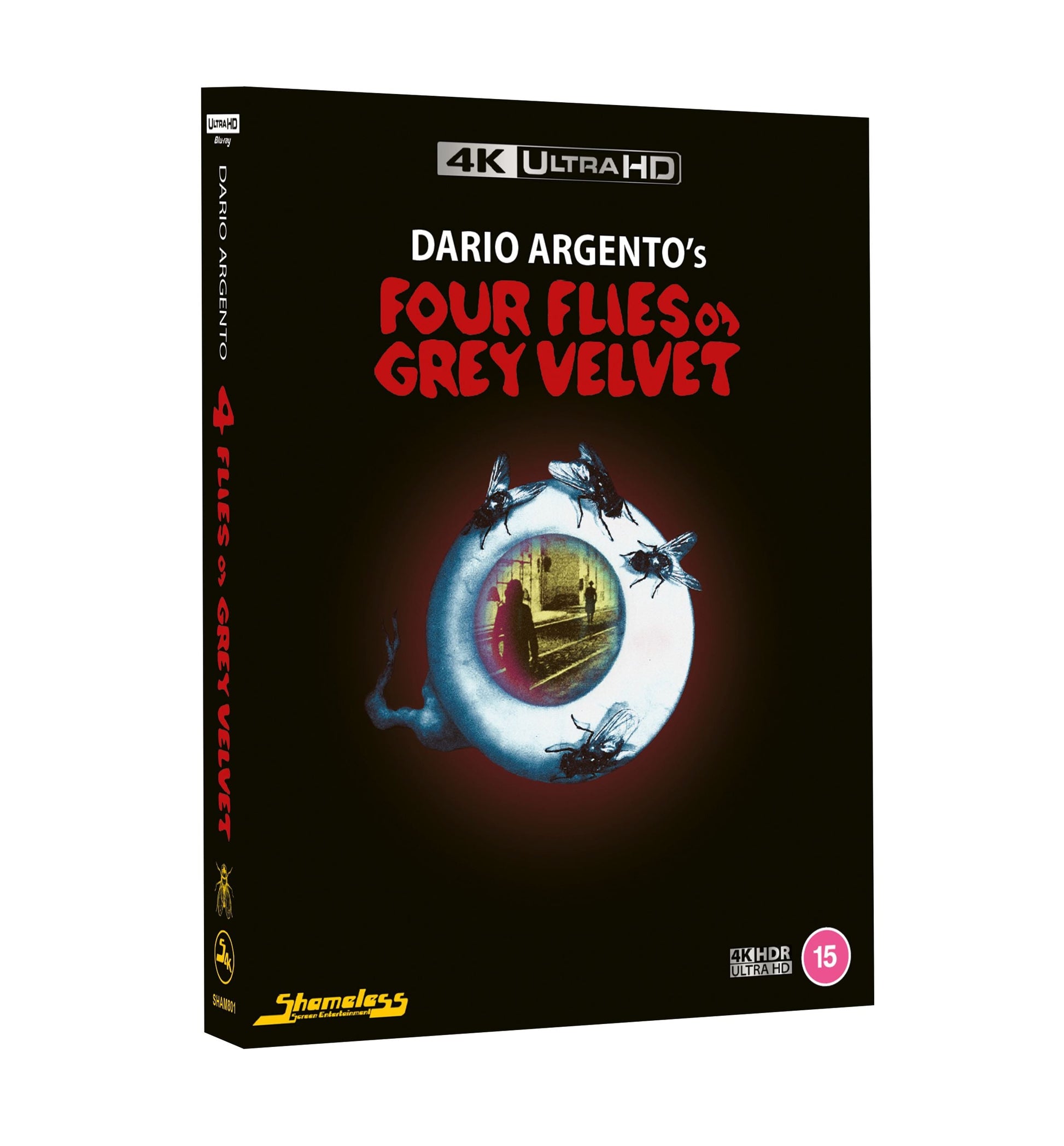 4K Ultra HD Blu-ray cover for Four Flies on Grey Velvet featuring an eyeball.