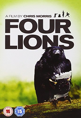 DVD cover for "Four Lions" featuring a crow with bandages, green background.