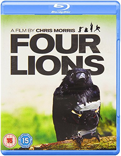 Four Lions" Blu-ray cover featuring a crow with a bandage around its beak.