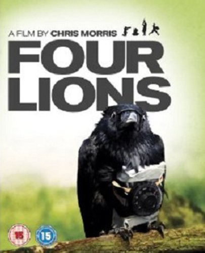 Blu-ray cover for “Four Lions” featuring a crow with a camera.