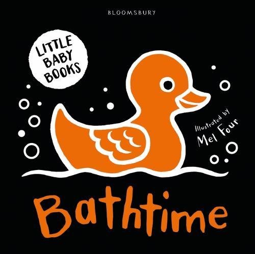 An orange rubber duck floats on water against a black background with bubbles.