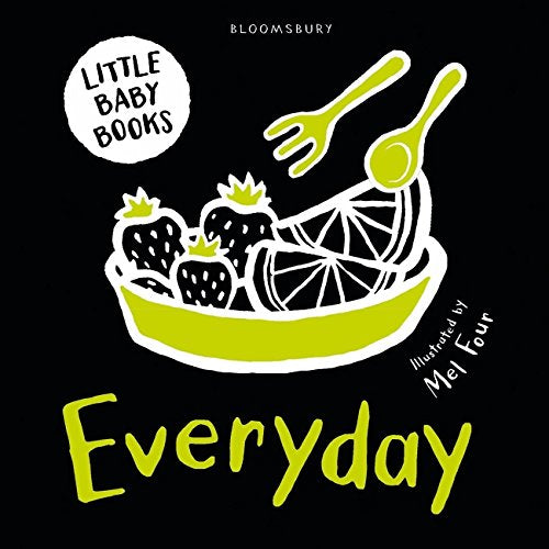 Black and white baby book cover with food illustrations: fork, fruit, bowl.