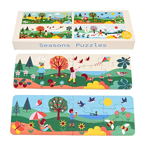 Four seasonal landscape puzzles with people and nature scenes.