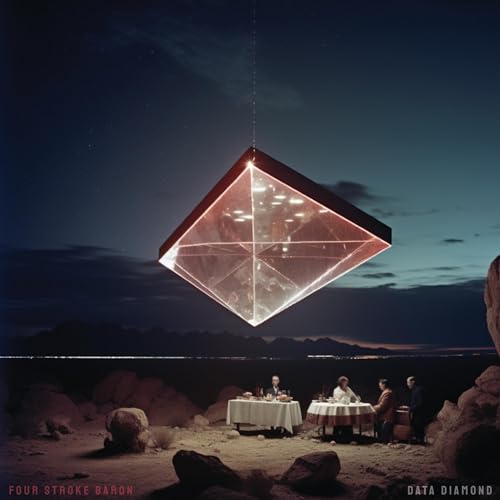 Diamond-shaped room suspended over a desert dinner party at dusk.
