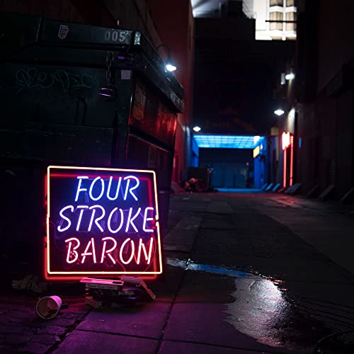 A neon sign reading Four Stroke Baron sits in a dark, wet city alleyway.