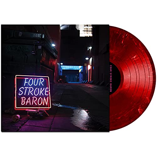 Red vinyl record partially out of its sleeve with neon sign and city street.