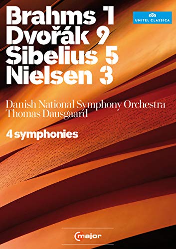DVD cover for symphonies by Brahms, Dvorák, Sibelius, and Nielsen.