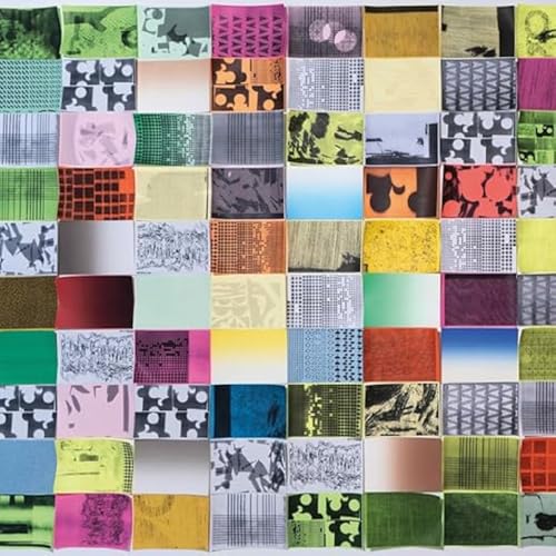 Colorful grid of patterned vinyl record sleeves, close-up view.