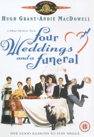DVD cover for “Four Weddings and a Funeral” with cast and sheep.