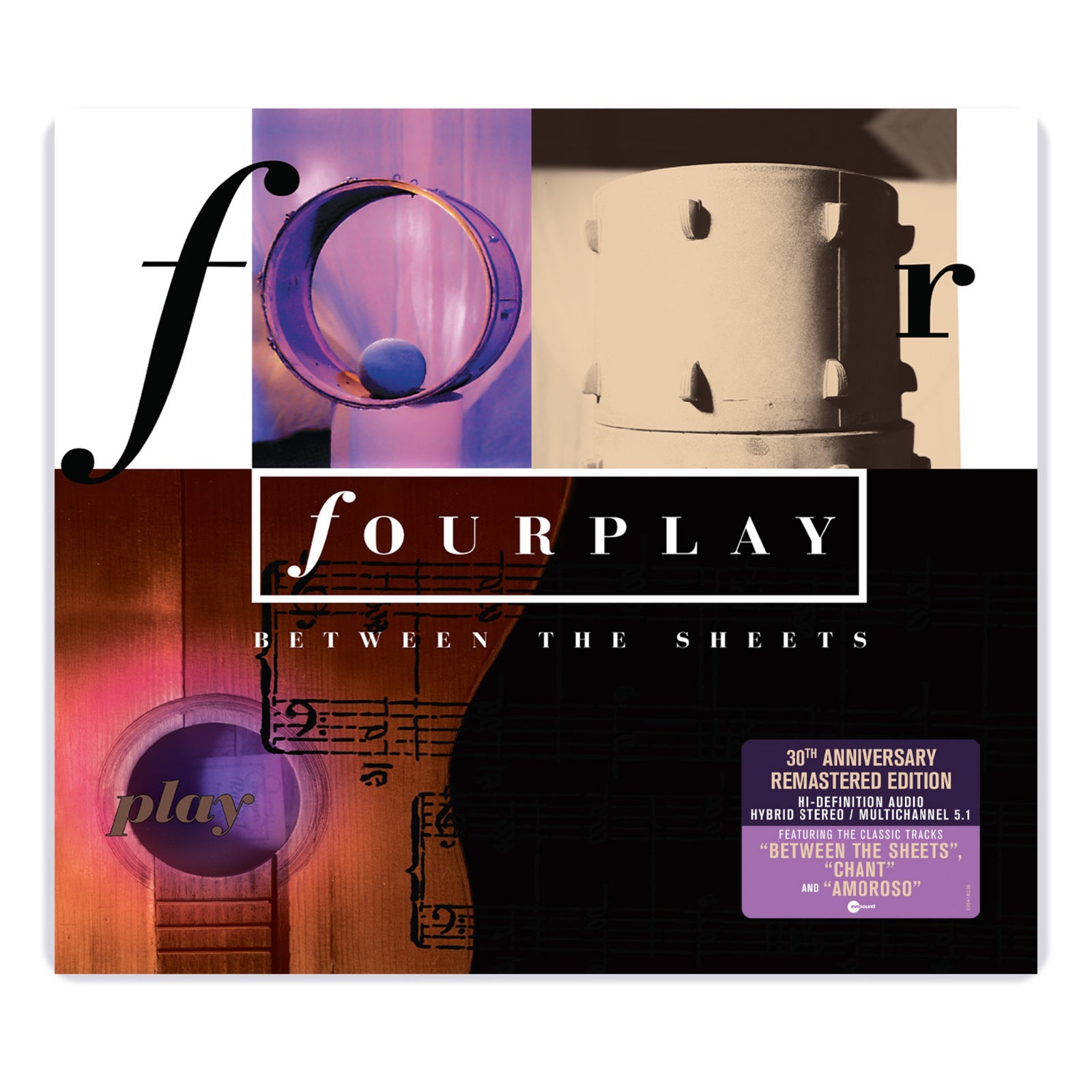CD cover for Fourplay's Between The Sheets featuring musical instruments and a purple sticker.