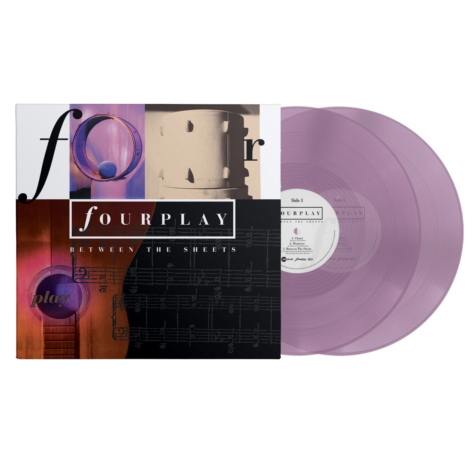 Fourplay Between The Sheets vinyl album cover with two translucent purple vinyl records.