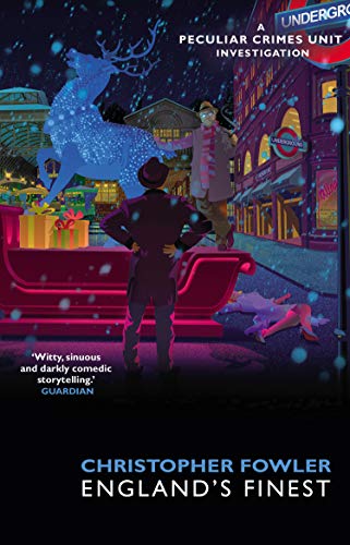 Book cover: two figures and a glowing reindeer in a city scene.