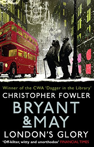 "Book cover featuring a red double-decker bus and two men on a snowy London street."