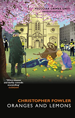 Book cover: man with oranges, police, and a gothic church backdrop.
