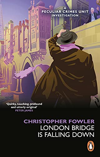 Book cover: man in coat looks over London Bridge, illustrated style.